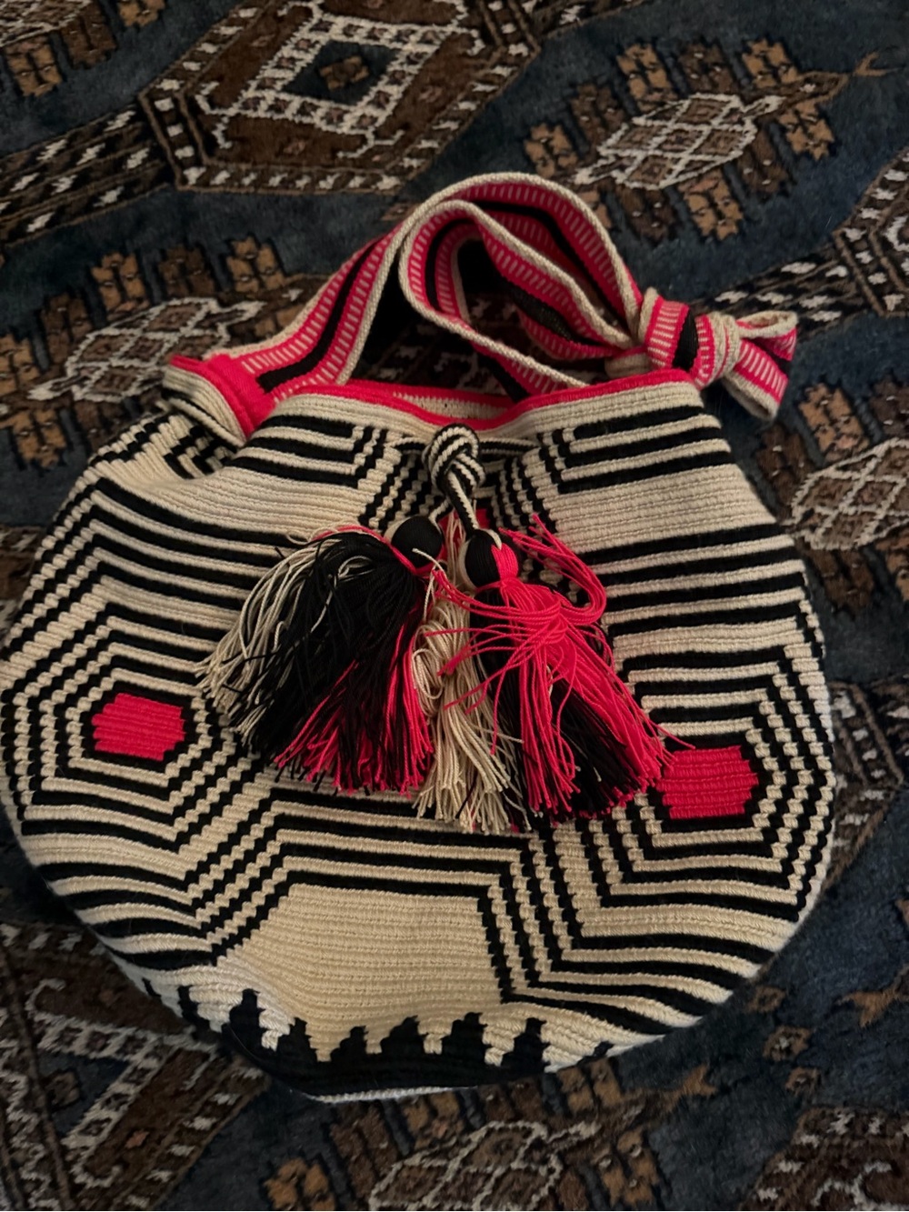 Handwoven Geometric Shoulder Bag in Black, Cream & Red